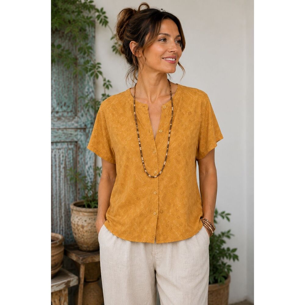 Gudrun Sjödén Organic Cotton Mustard Leaf Print Button Front Blouse S/M